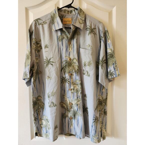 Tommy Bahama Other - Tommy Bahama L 100% Silk Hawaiian Camp Shirt Aloha Blue Palm Trees Tropical